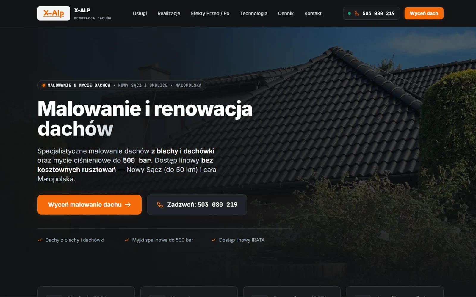Zrzut ekranu strony głównej X-ALP — usługi malowania i renowacji dachów